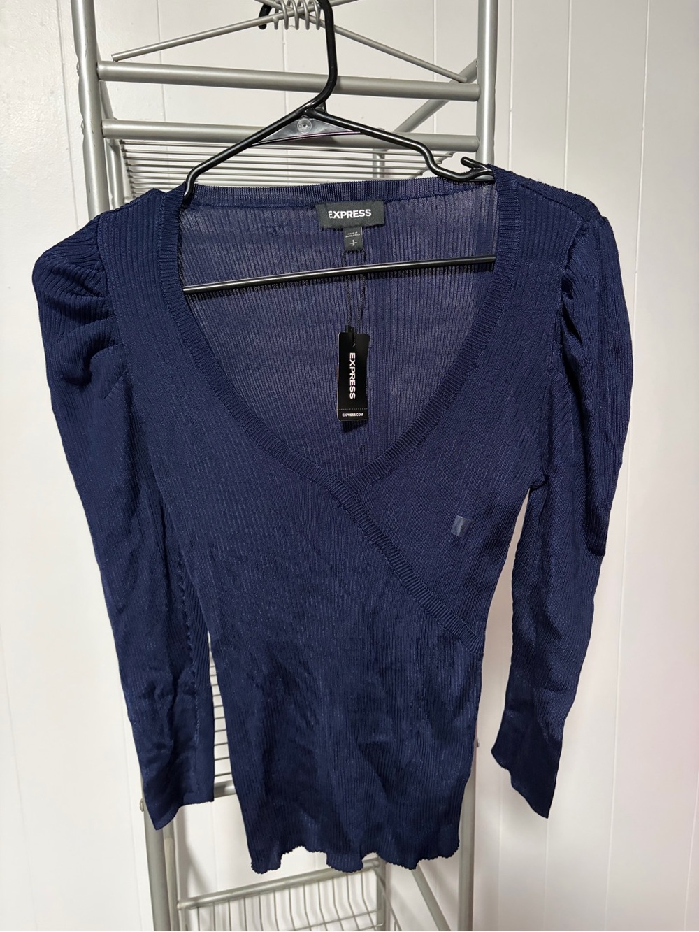 Express Navy Ribbed Deep V-Neck Sweater